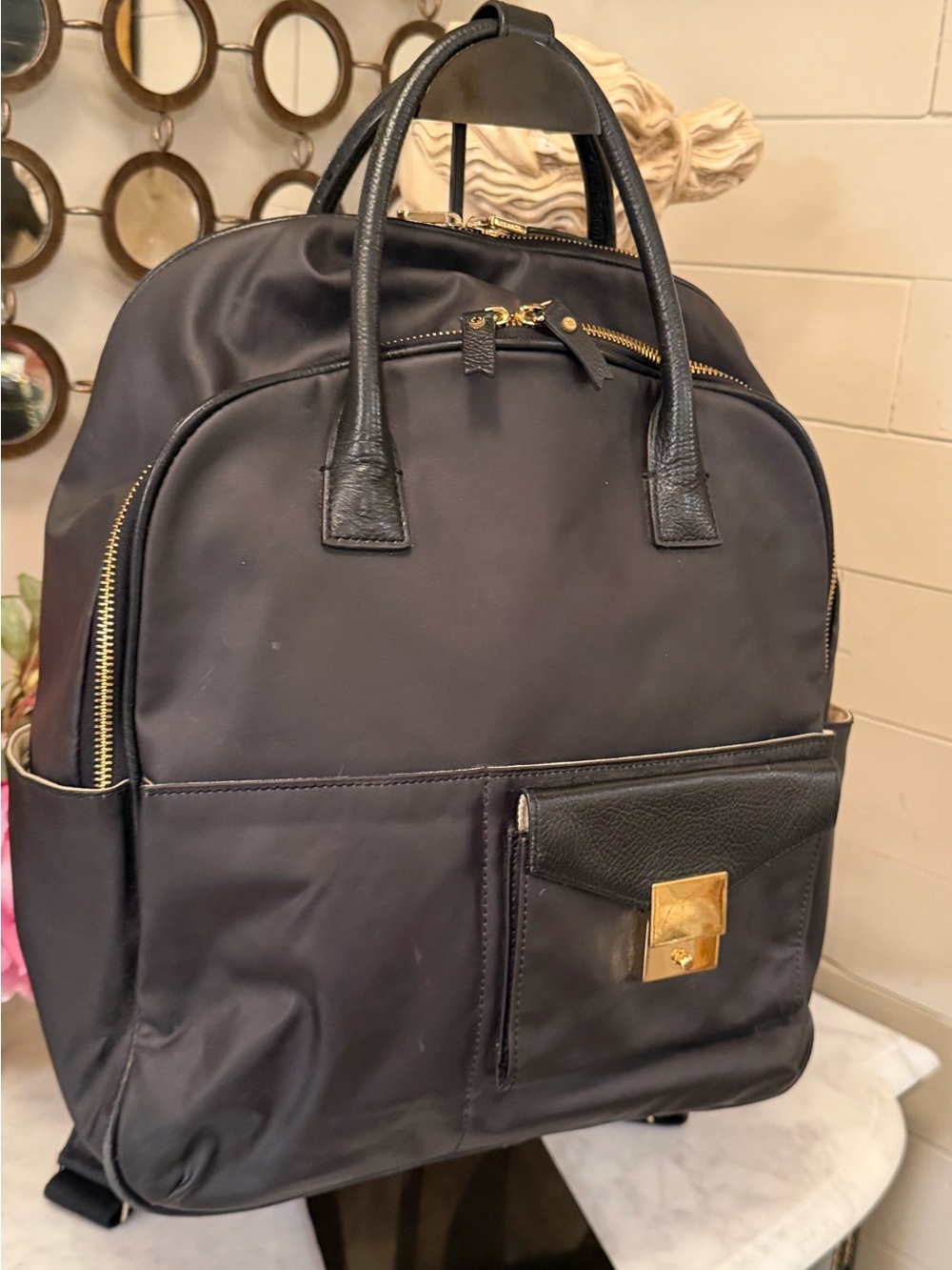 India Hicks sporty Black Nylon Backpack with Gold Hardware multiple pockets EUC